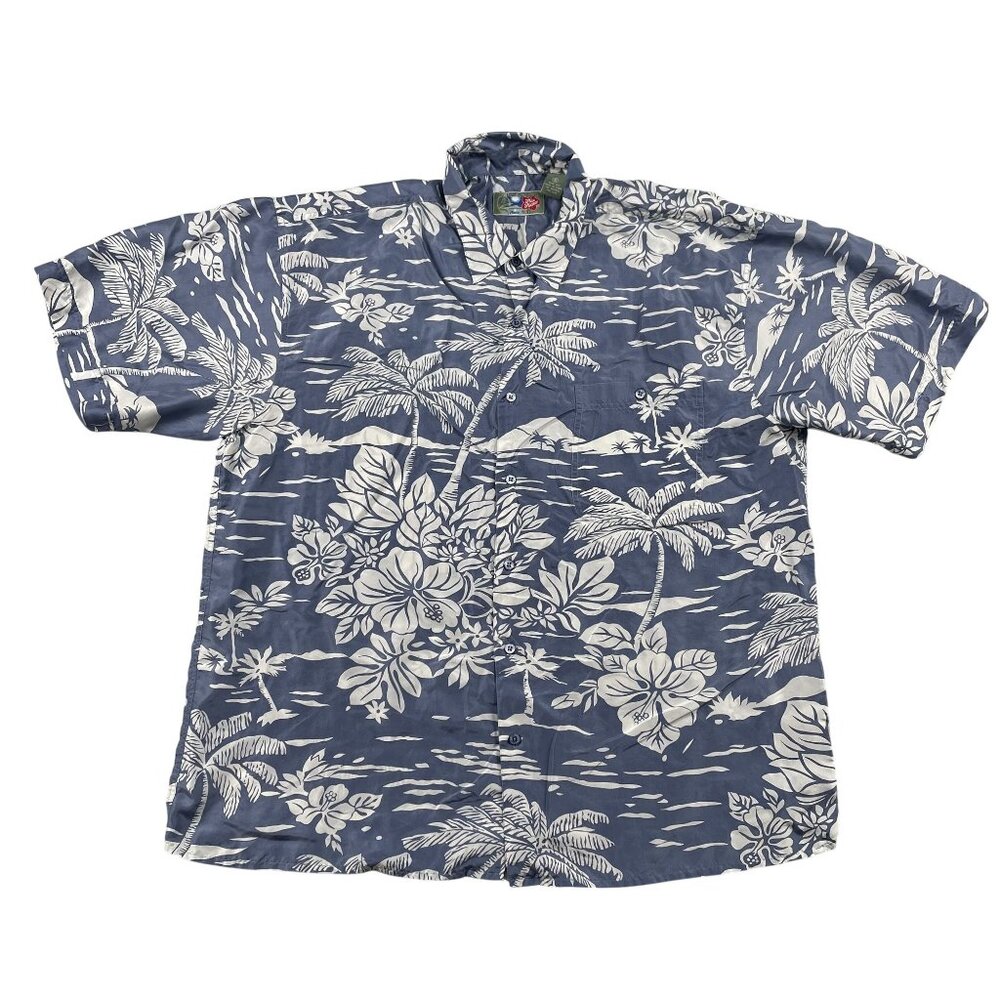 Hilo Hattie Silk Hawaiian Shirt Mens XL Blue White Floral 100% Silk Summer